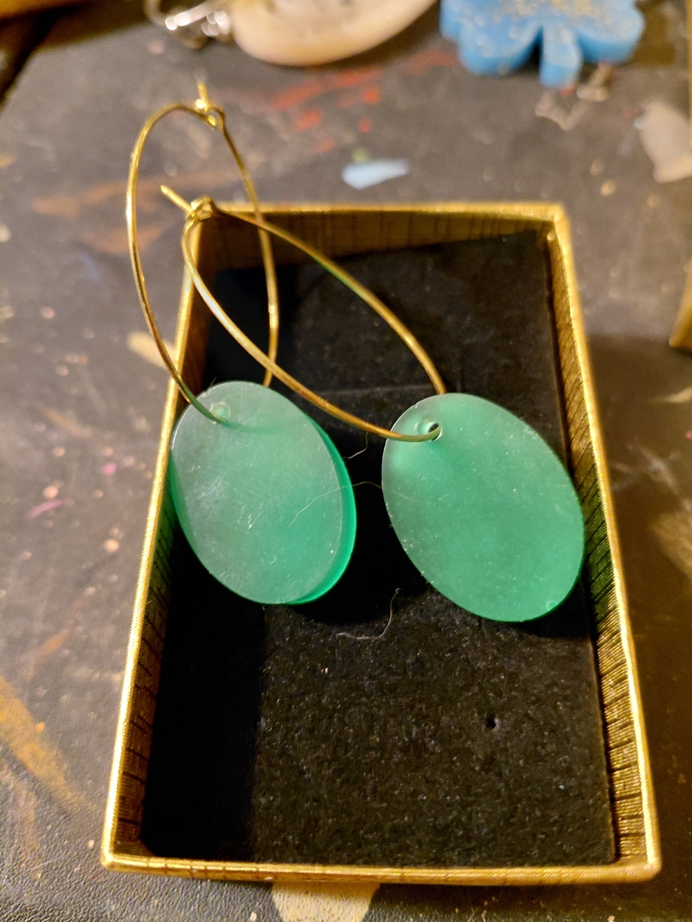 Gold Hoop Earrings with Emerald Green Oval Drops